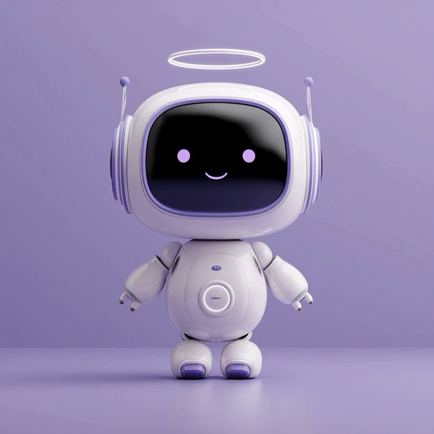 Illustration of a small white robot with a glowing halo, standing against a lavender background
