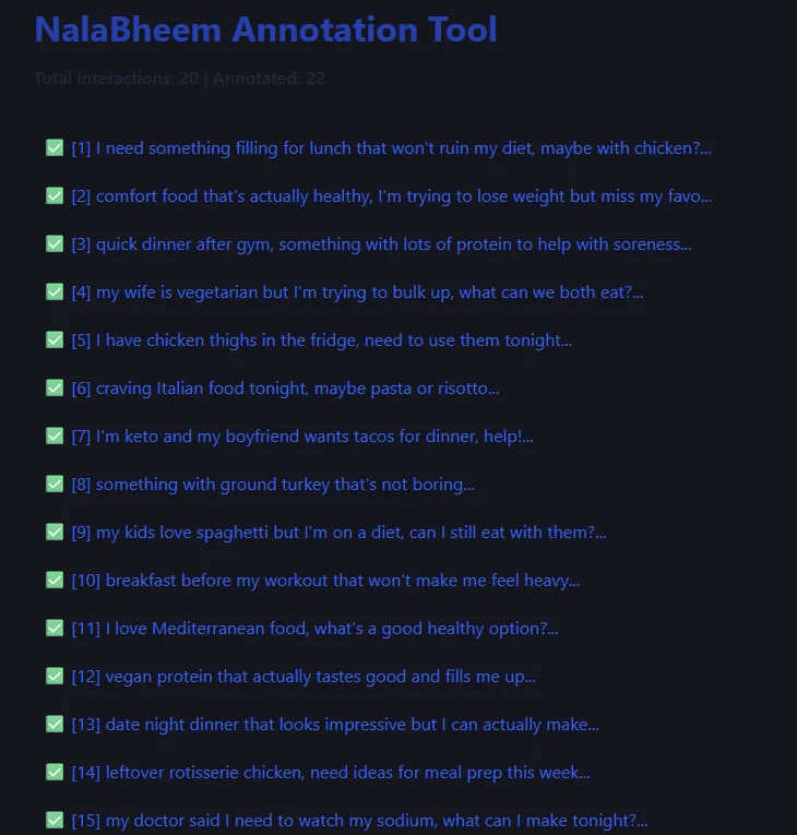 Annotation tool showing the list of recorded chatbot interactions queued for review